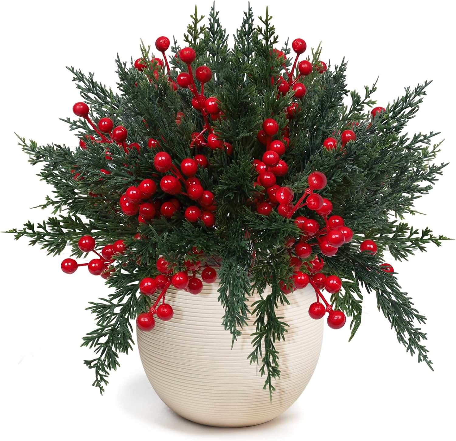 100 Pcs Christmas Artificial Pine Branches with Red Berry Stems 10.5" Faux Evergreen Norfolk Pine Cypress Leaves Stems, Fake Foliage Pine Needles Picks for Xmas DIY Craft Garland Home Decor