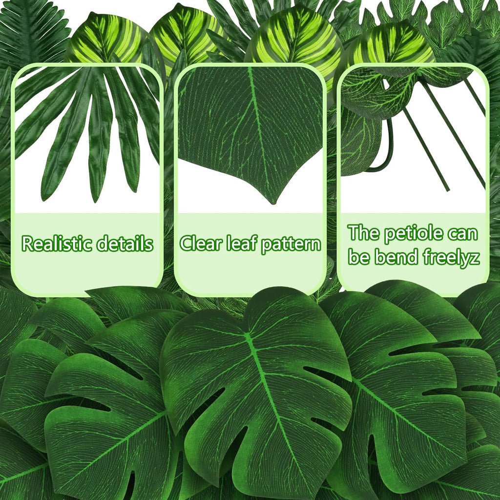 Tropical Party Decorations, 50 Pieces 7 Kinds Palm Leaves Artificial Tropical Monstera, Green Jungle Leaf with Stem for Jungle Hawaiian Luau Party Table Decoration Wedding Birthday