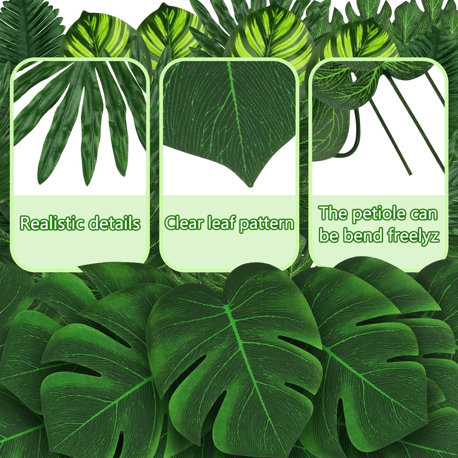 Tropical Party Decorations, 50 Pieces 7 Kinds Palm Leaves Artificial Tropical Monstera, Green Jungle Leaf with Stem for Jungle Hawaiian Luau Party Table Decoration Wedding Birthday