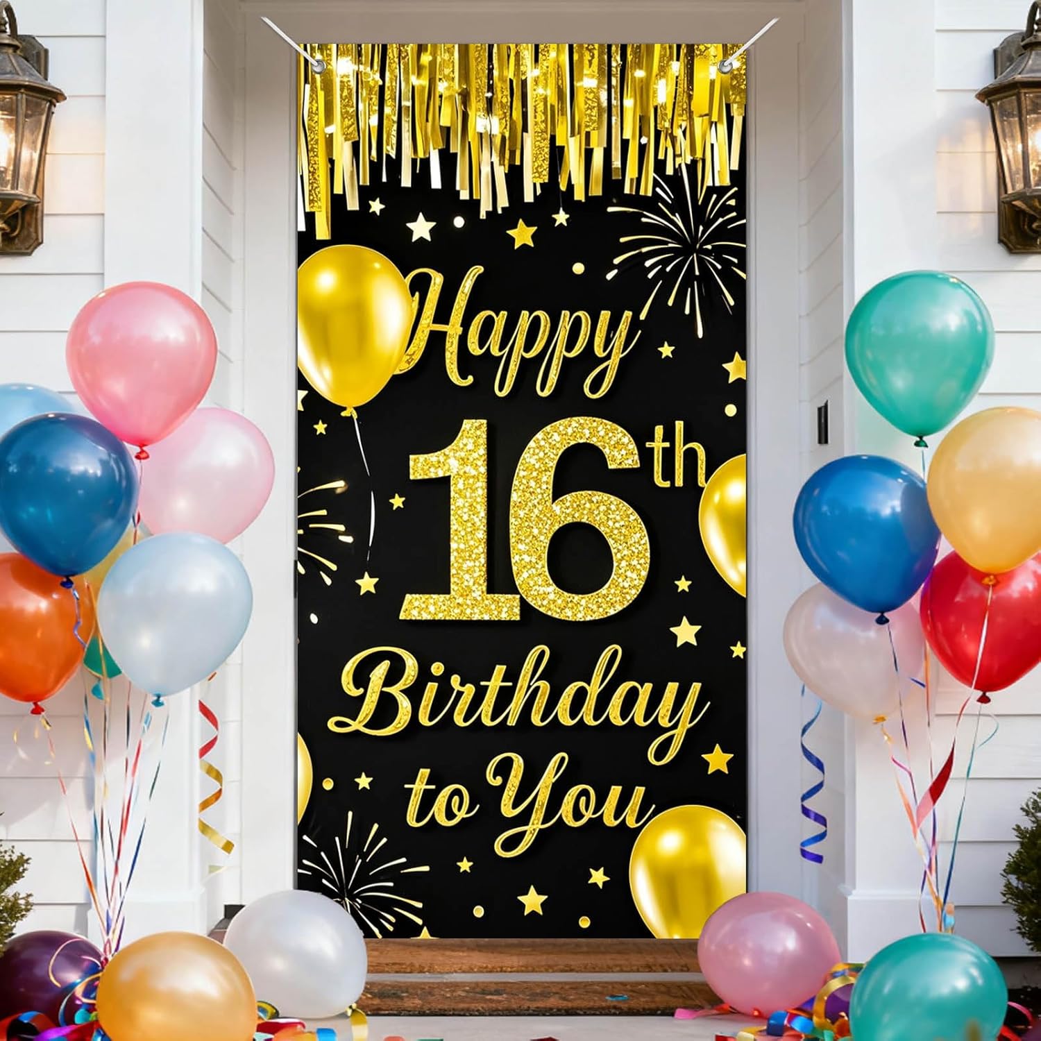 IVN 16th Birthday Door Cover 71x35 Inch Black Gold Birthday Banner for Party Decorations Balloons Stars Fireworks Backdrop Sign for Men Women Photo Booth Prop Wall Decor