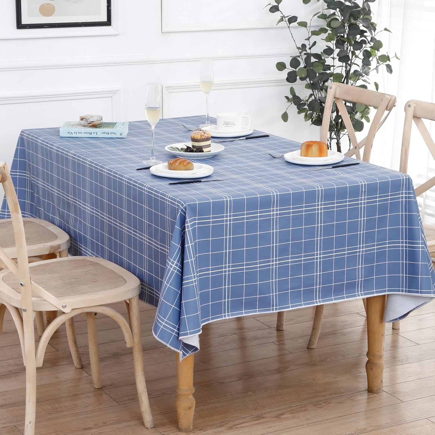 Walrus Heavy Duty Vinyl Tablecloth with Flannel Backing Waterproof Oil-Proof Plastic Table Cloth Stain-Resistant Wipeable Rectangle or Square Table Cover for Indoor and Outdoor (Blue Grid,60x84 Inch)