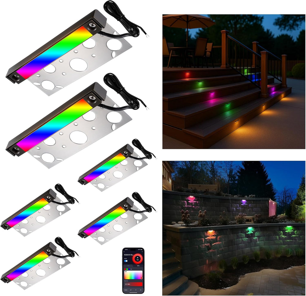 Gardenreet RGBCCT Smart Hardscape Paver Lights, Solid Brass Low Voltage LED Step Lights, App & Voice Control Color Changing, 3W 12V 7 Inch Waterproof Landscape for Patio, Retaining Wall, Stair 6 Pack