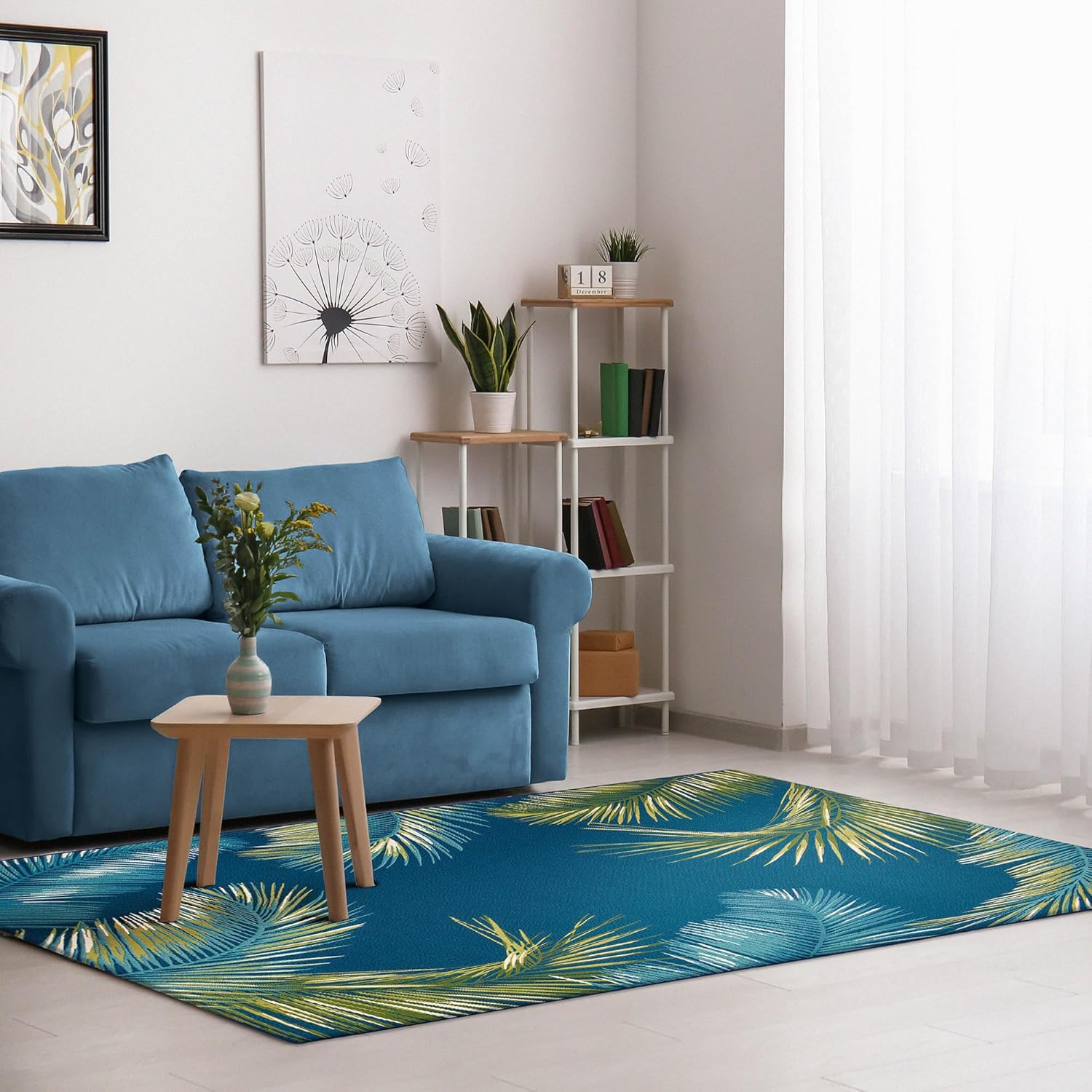 Liora Manne Marina Indoor/Outdoor Power Loomed Synthetic Blend Low Profile Area Rug - Transitional Border Botanical Beach Colorful (Palm Border Navy) (7'10" x 9'10")