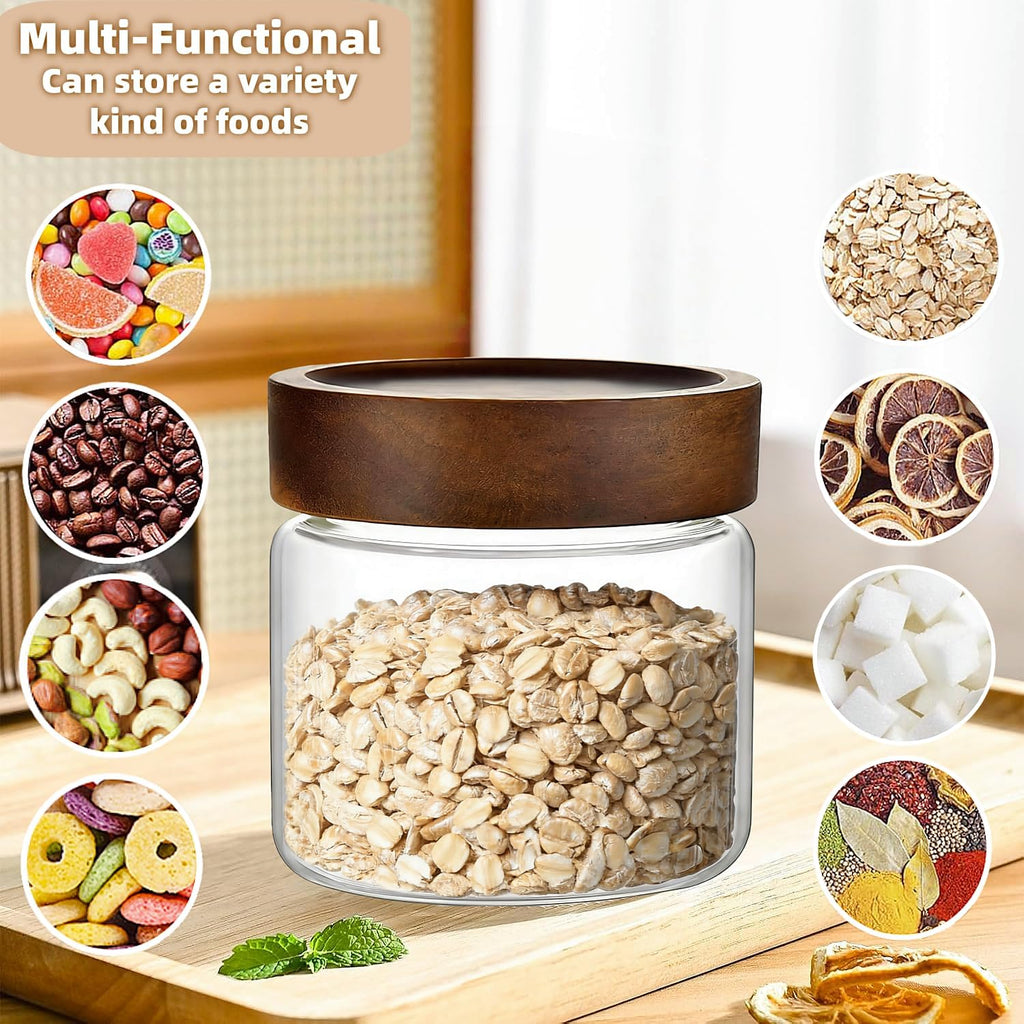 17 Fl oz/500 ml Glass Food Storage Jar, Premium Clear Glass Container Jar with Airtight Wooden Screw Lid, Kitchen Canisters for Coffee,Tea,Pasta,Cookies, Nuts,Spice,Candy,Overnight Oatmeal（Small)