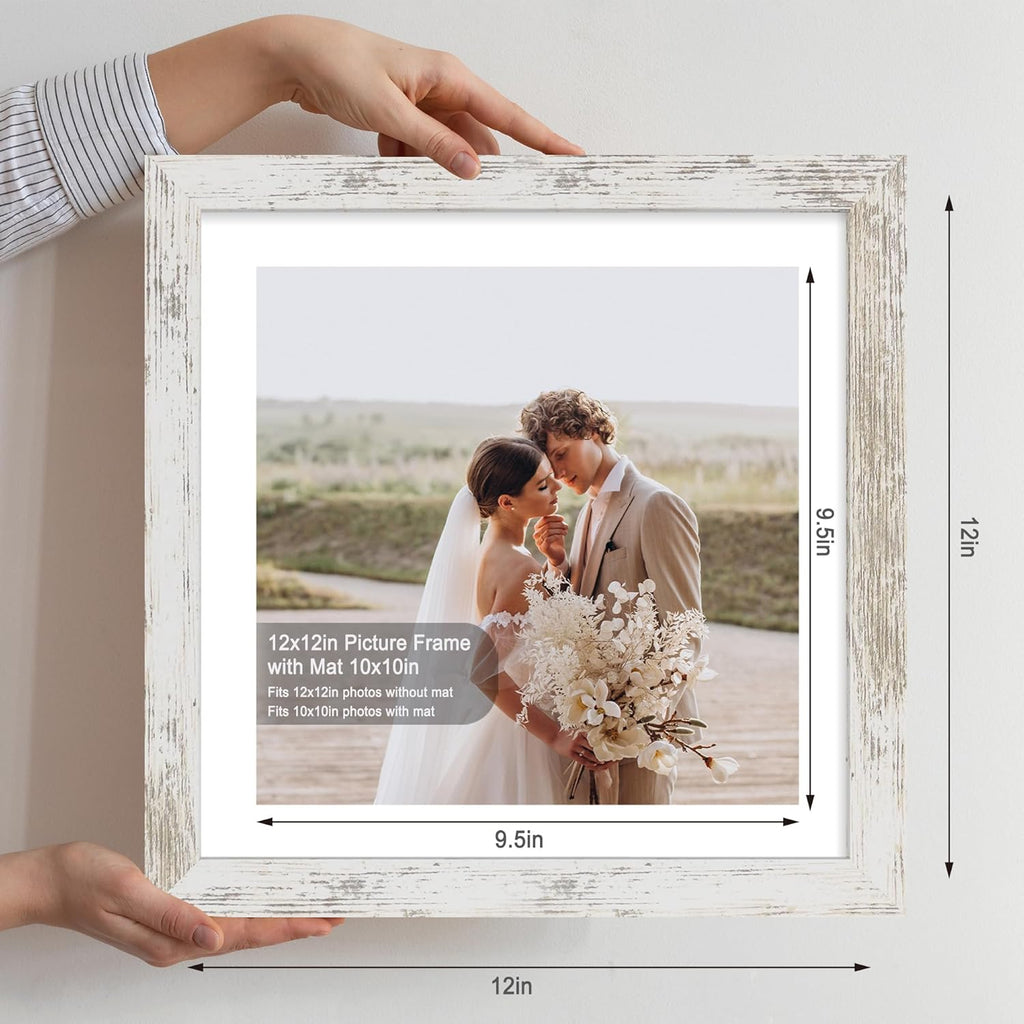 12x12 Picture Frame Set of 4 - Made of Glass and Distressed White Wooden Frame, Display Square Pictures 10x10 with Mat or 12 x 12 without Mat, Desktop & Wall Collage Photo Frame