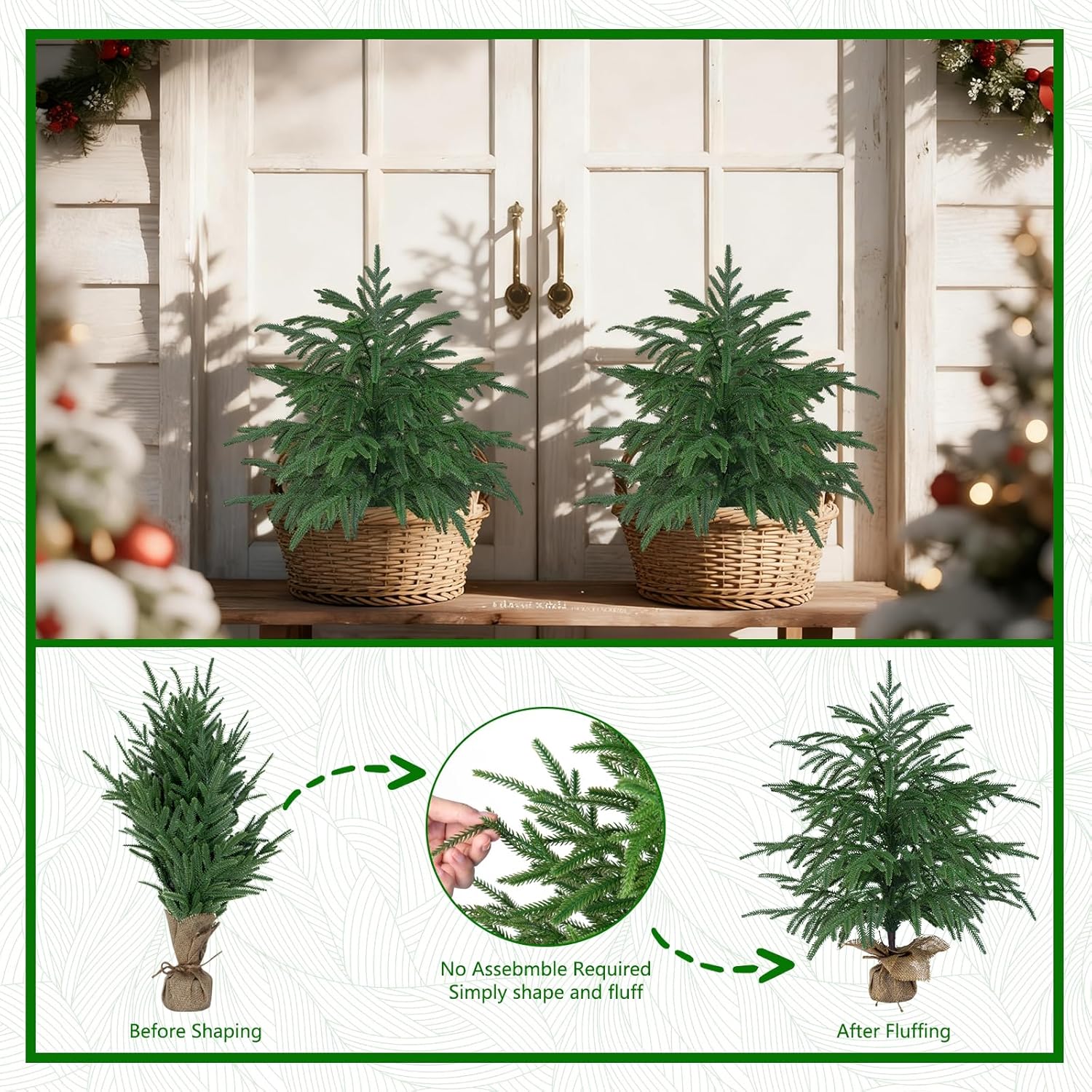 2 Pack 2FT Artificial Norfolk Pine Tree with Pot - UV Protection Faux Tree Fake Plants with PE Branch for Indoor Outdoor Home Front Porch Christmas Decor