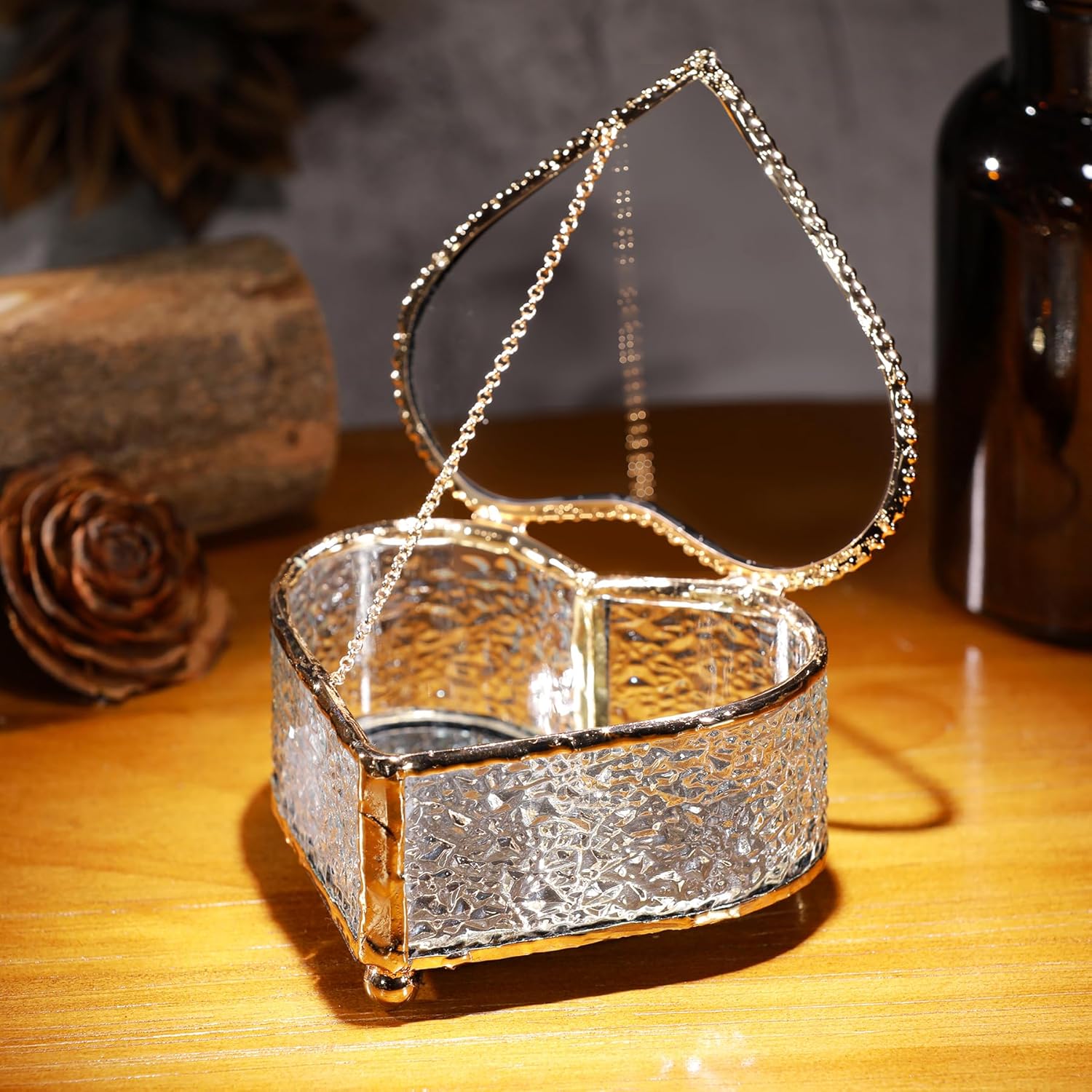 Glass Vintage Jewelry Box Keepsake storage Trinket Ring Display Box Home Decor Embossed Clear Glass Box Organizer (4×3.6×2.1inches)