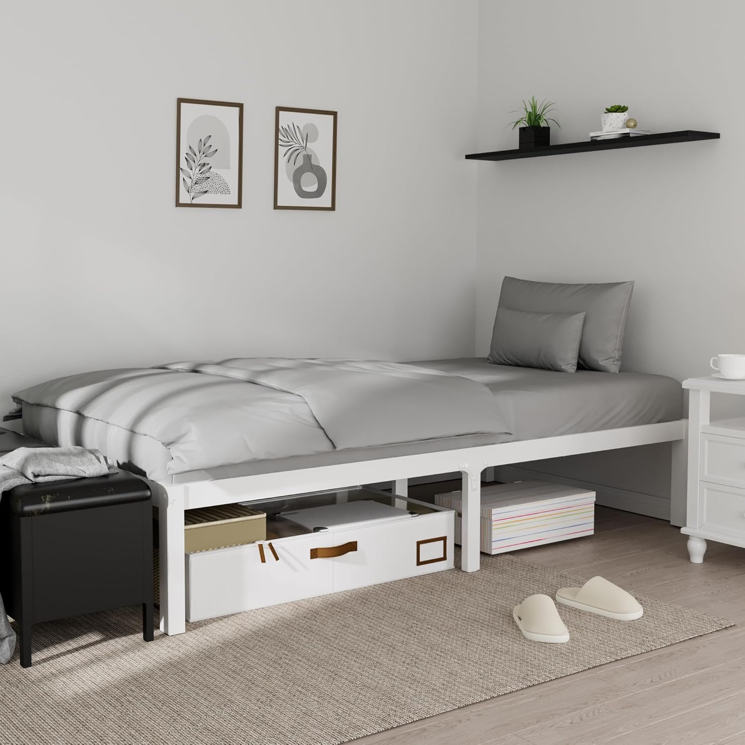14 Inch Bamboo Bed Frame – Solid Wood Platform Bed Frame, Strong and Stable, with Non-Slip Slats for Support, No Box Spring Needed, Easy to Assemble, Noise-Free (White, Twin)