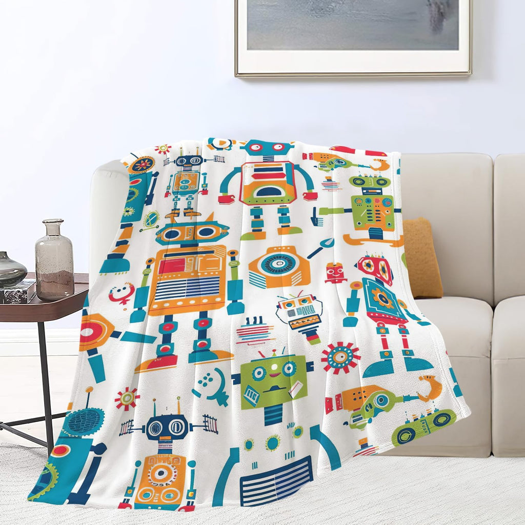 Robot Throw Blanket Cartoon Robot Machine Gifts for Kids Teens Girls Boys Adults Soft Cozy Warm Plush Fluffy Fuzzy Fleece Blanket Birthday Festival Decor 40''X50''