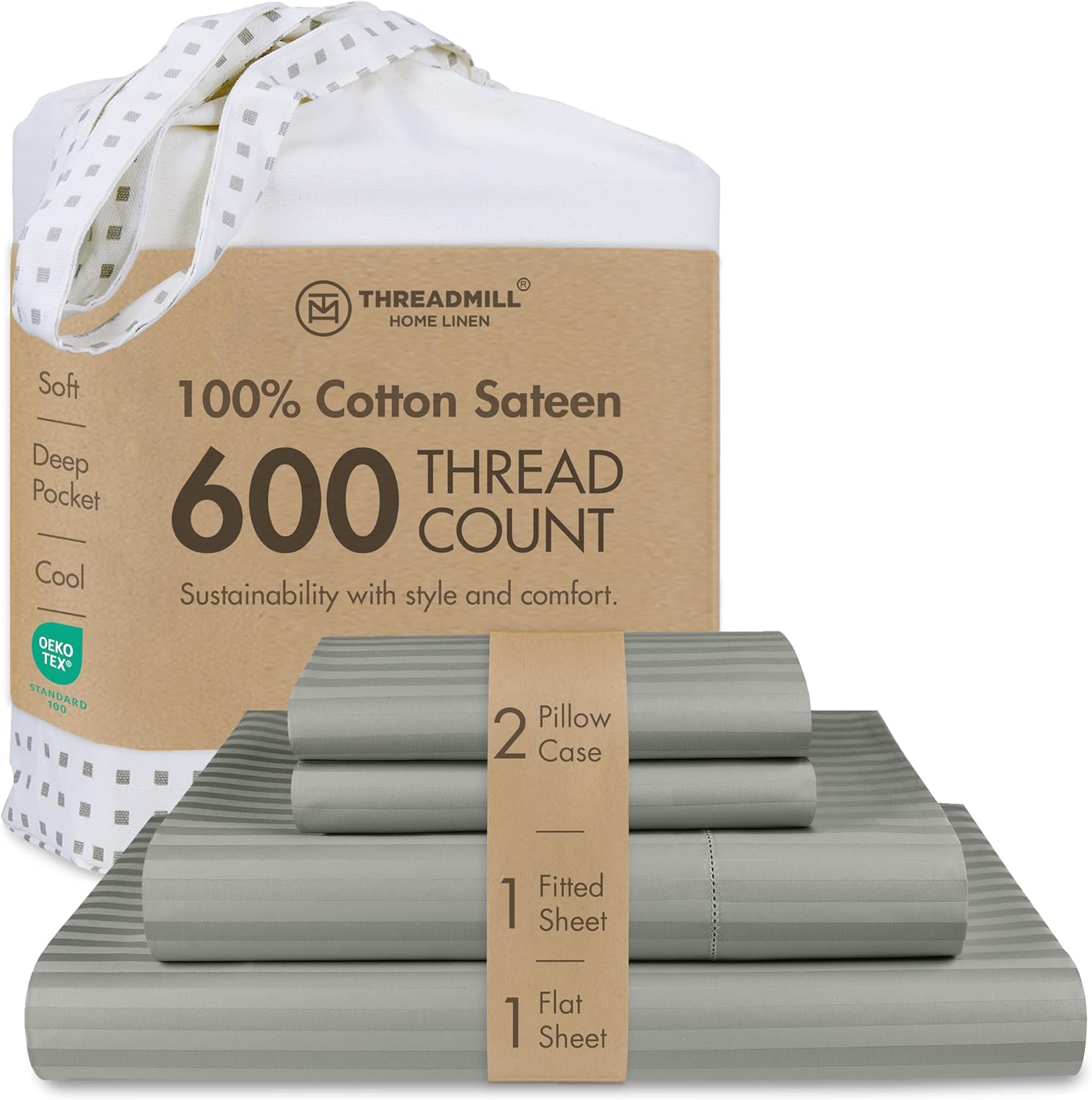 Threadmill 100% Cotton Sheets for King Size Bed - 600 Thread Count King Bed Sheets Set with 16” Deep Pocket - Damask Stripe Sateen Weave 4-Piece Bedding Set with Cooling Effect, Moonrock Grey