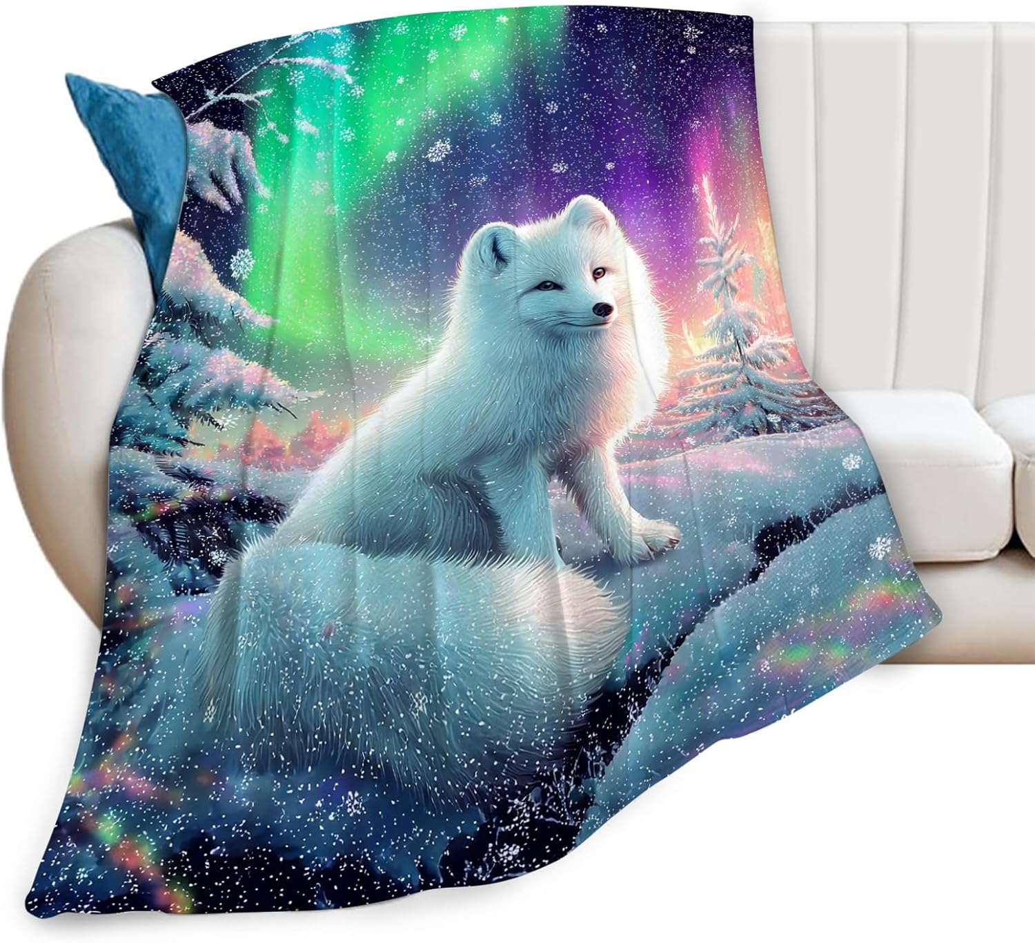 White Fox Blanket Winter Aurora Night Animal Throw Blankets Gifts for Girls Boys Kids Fox Lover Soft Cozy Fleece Plush for Couch Sofa Bed 80"x60"