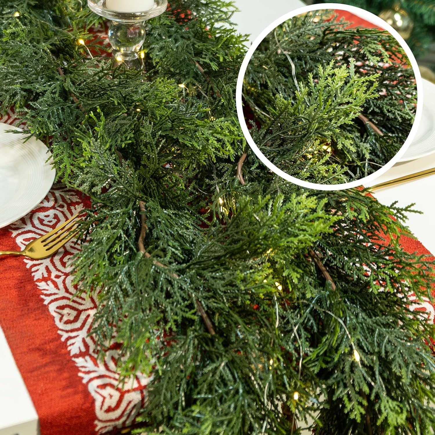 6FT Cedar Christmas Garland for Mantle Lush Realistic Artificial Cedar Cypress Pine Garland Faux Greenery Garland for Fireplace, Stair, Wall, Table Centerpieces, Home Christmas Decor (1 Pack)