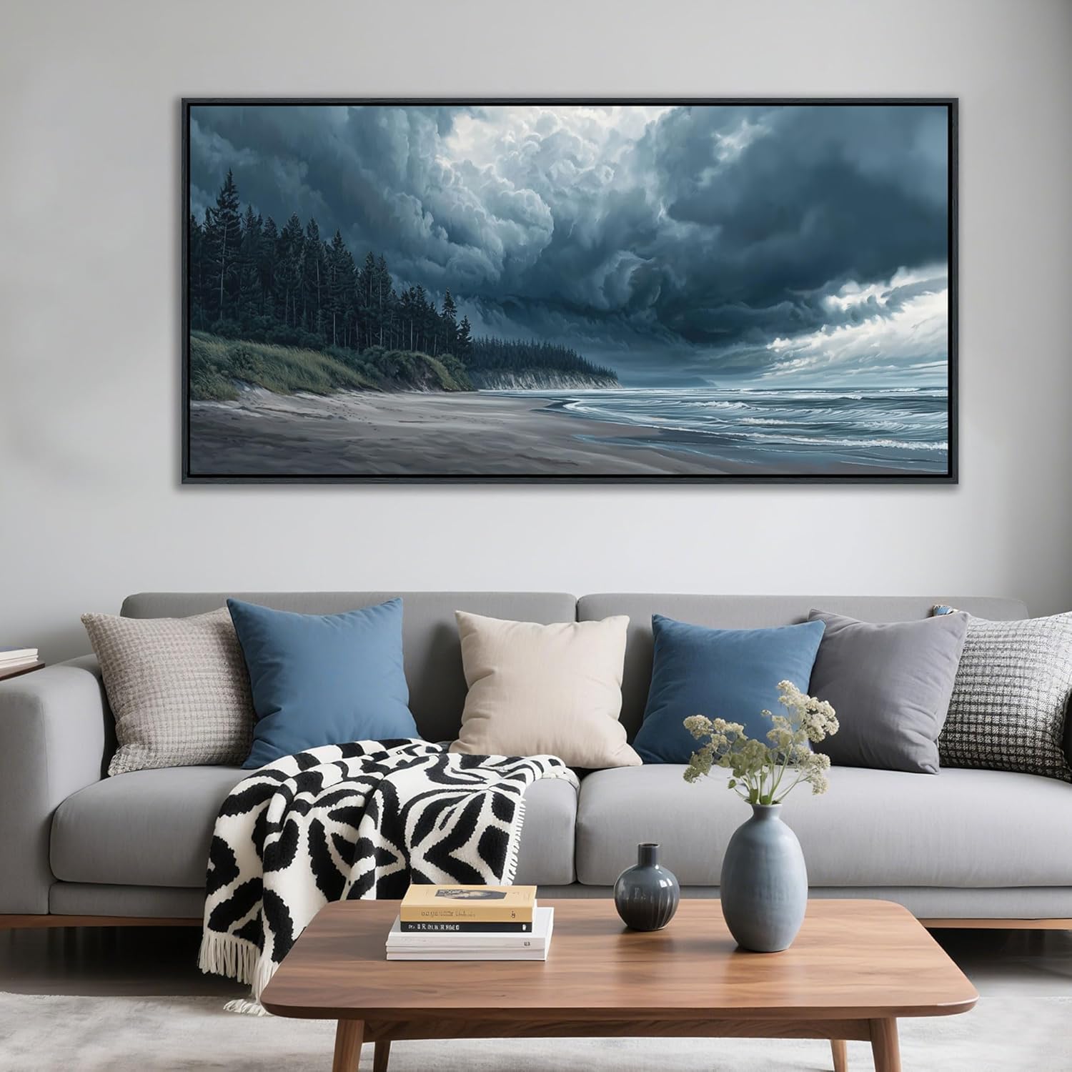 Large Wall Art Beach Canvas Decor Ocean Painting Navy Blue Picture Artwork Modern Seascape Storm Forest Decoration Framed for Living Room Bedroom Home Office Decor Size 24x48 Inches