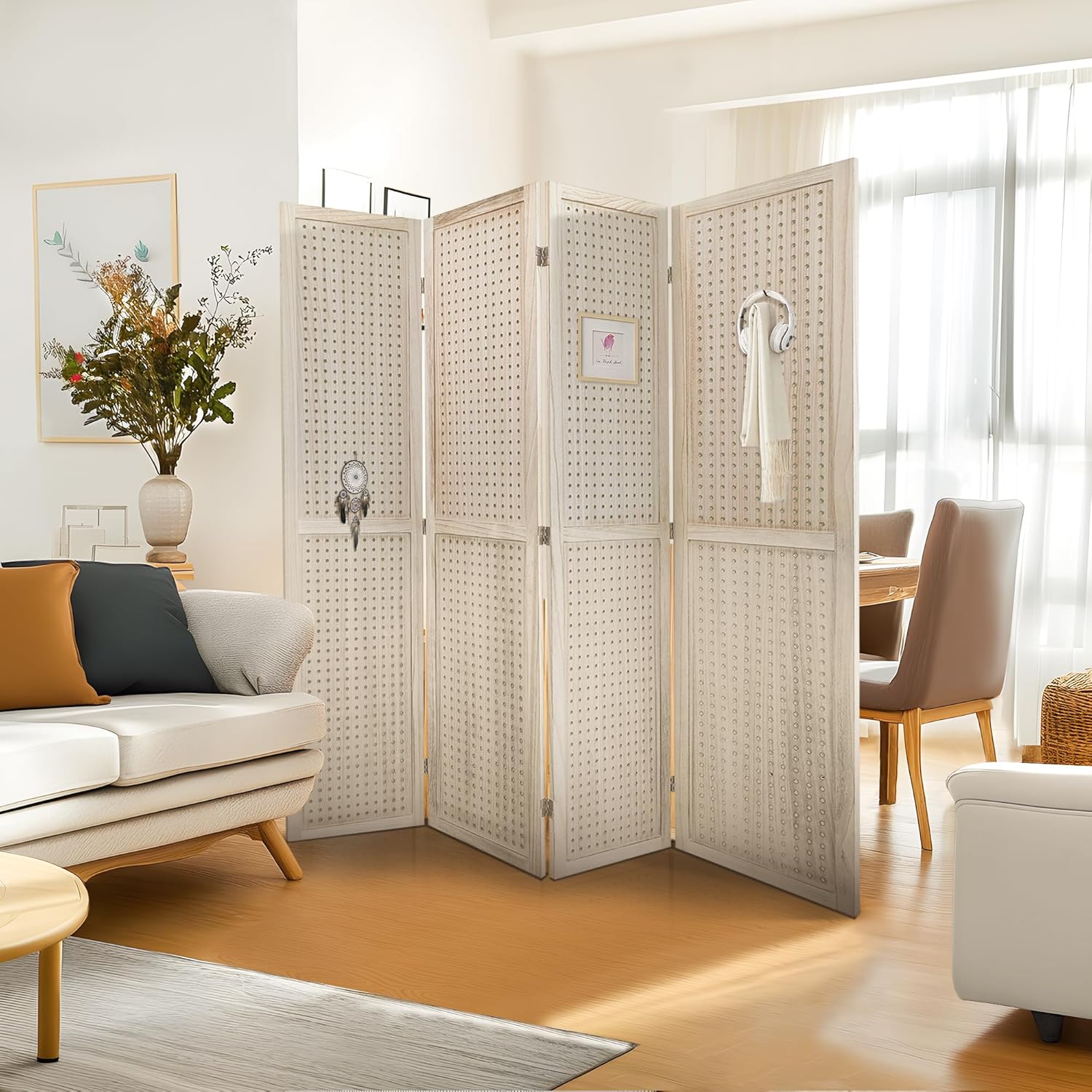 4 Panel Room Dividers 5.6FT Wall Divider with Freestanding Peg Board Display Wooden Folding Privacy Screen Foldable Partition Wall for Studio Apartment, Living Room, Natural Wood