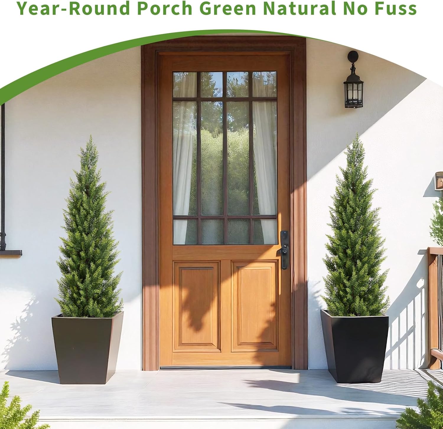 5FT Artificial Cedar Christmas Topiary Trees Set of 2 - Realistic Faux Cypress Plants UV Resistant for Outdoor Planter, Fake Bushes & Shrubs for Porch Front Door Outside UV Rated, 5 Feet Tall, 2 Pack