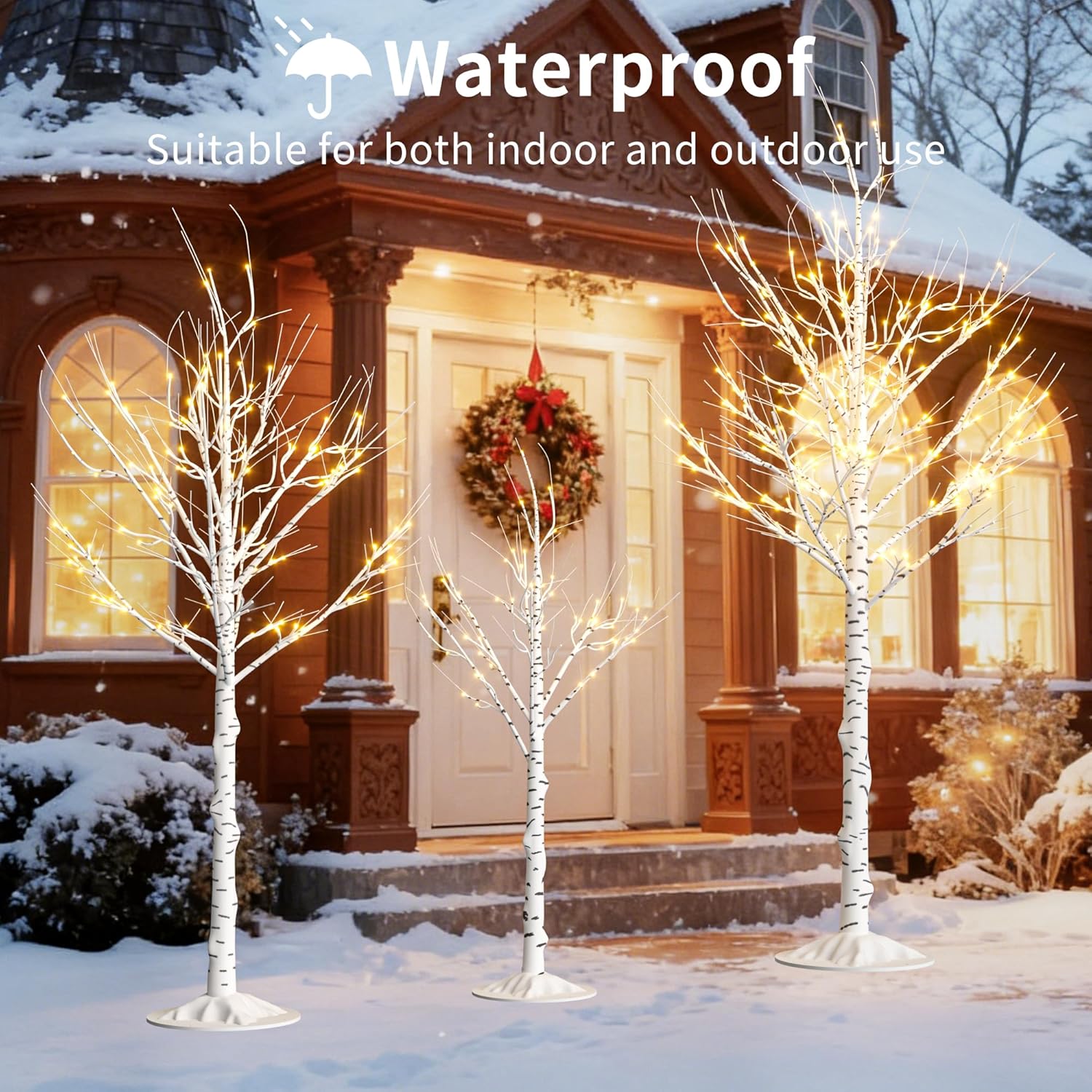 Outdoor Christmas Decorations Lighted Birch Tree Set of 3, LED Warm White 4, 6 and 8 Feet, for Indoor Christmas Decor, Party, Garden, Yard, Wedding, Holiday