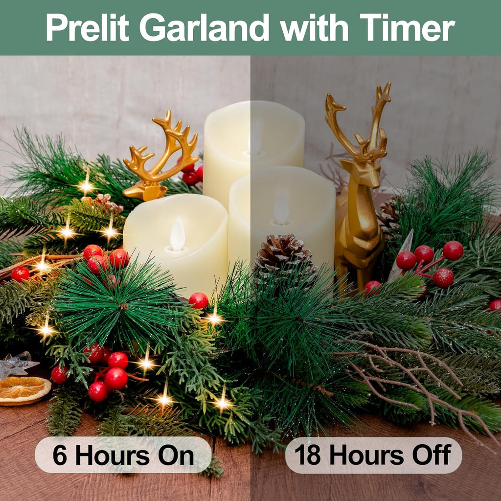 6.5FT Christmas Garland with Star Lights,Prelit Christmas Decorations,Lighted Garland with Battery Operated,Denser Realistic Pine Needles Greenery Home Decor for Mantle Fireplace Table Indoor Outdoor