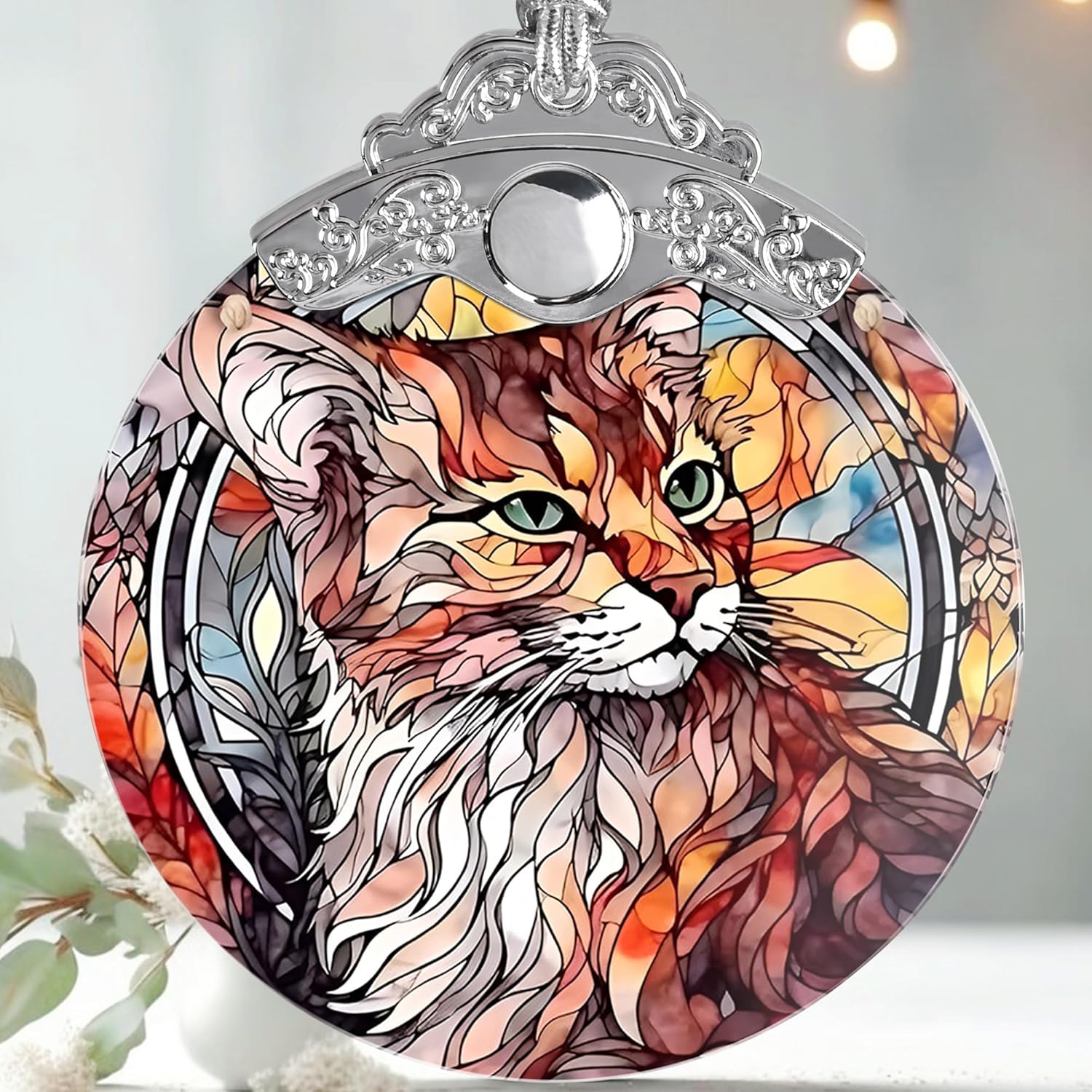 Stained Glass Christmas Ornament, Jocidea Cat Christmas Decorations, Christmas Tree Ornament, Cat Lovers Gifts, Holiday Decor and Xmas Gifts Ideas