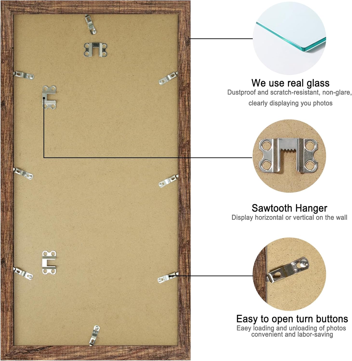 10x20 Picture Frame Set of 2, Rustic Brown Wood Frame with Real Glass Collage Frame, Display Pictures Three 5x7 With Mat or 10 x 20 Without Mat - Horizontal or Vertical Wall Mounting