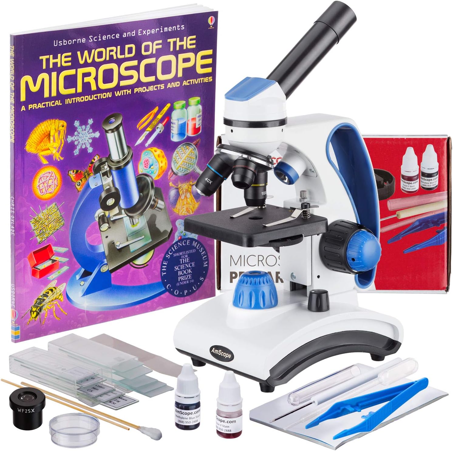 AmScope - Deluxe Student Microscope Set - 40X-1000X Dual Light, Glass Lens, Metal Frame Compound Microscope + Slides + Specimen Preparation Kit + Book - M162C-2L-WM-SP14