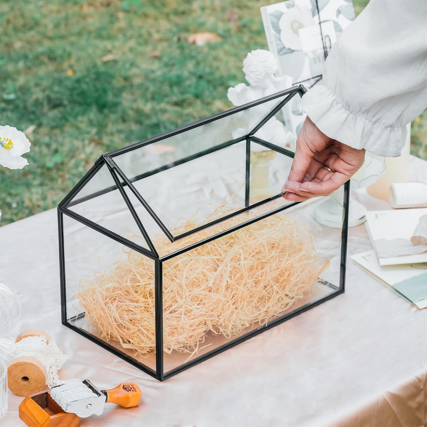 NCYP Glass Cards Box with Lid for Wedding, Birthday, Party Reception - 10.2x5.9x8.2 Inches House Shape Card Holder, Home Decor, Large Succulents Terrarium Planter, Black (Glass Box Only)