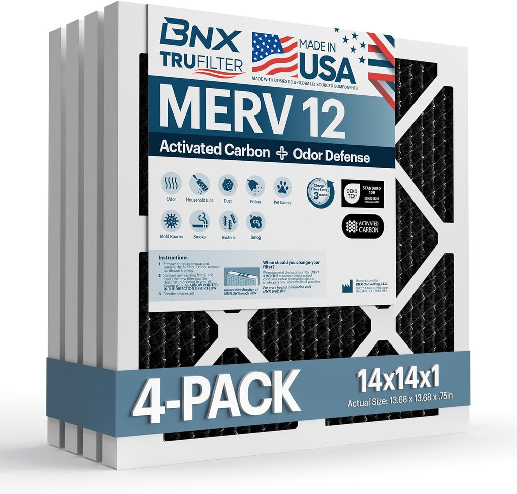 BNX TruFilter 14x14x1 MERV 12 Odor Defense (4-Pack) AC Furnace Air Filter with Activated Carbon - MADE IN USA - Pleated Air Conditioner HVAC AC Furnace Filters - Removes Odor, Mold, Bacteria, Smoke