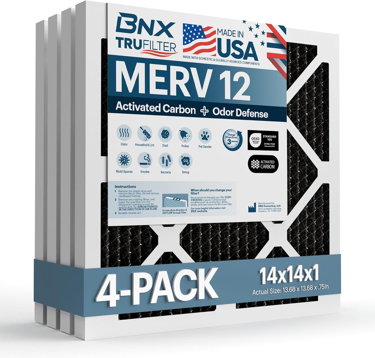 BNX TruFilter 14x14x1 MERV 12 Odor Defense (4-Pack) AC Furnace Air Filter with Activated Carbon - MADE IN USA - Pleated Air Conditioner HVAC AC Furnace Filters - Removes Odor, Mold, Bacteria, Smoke