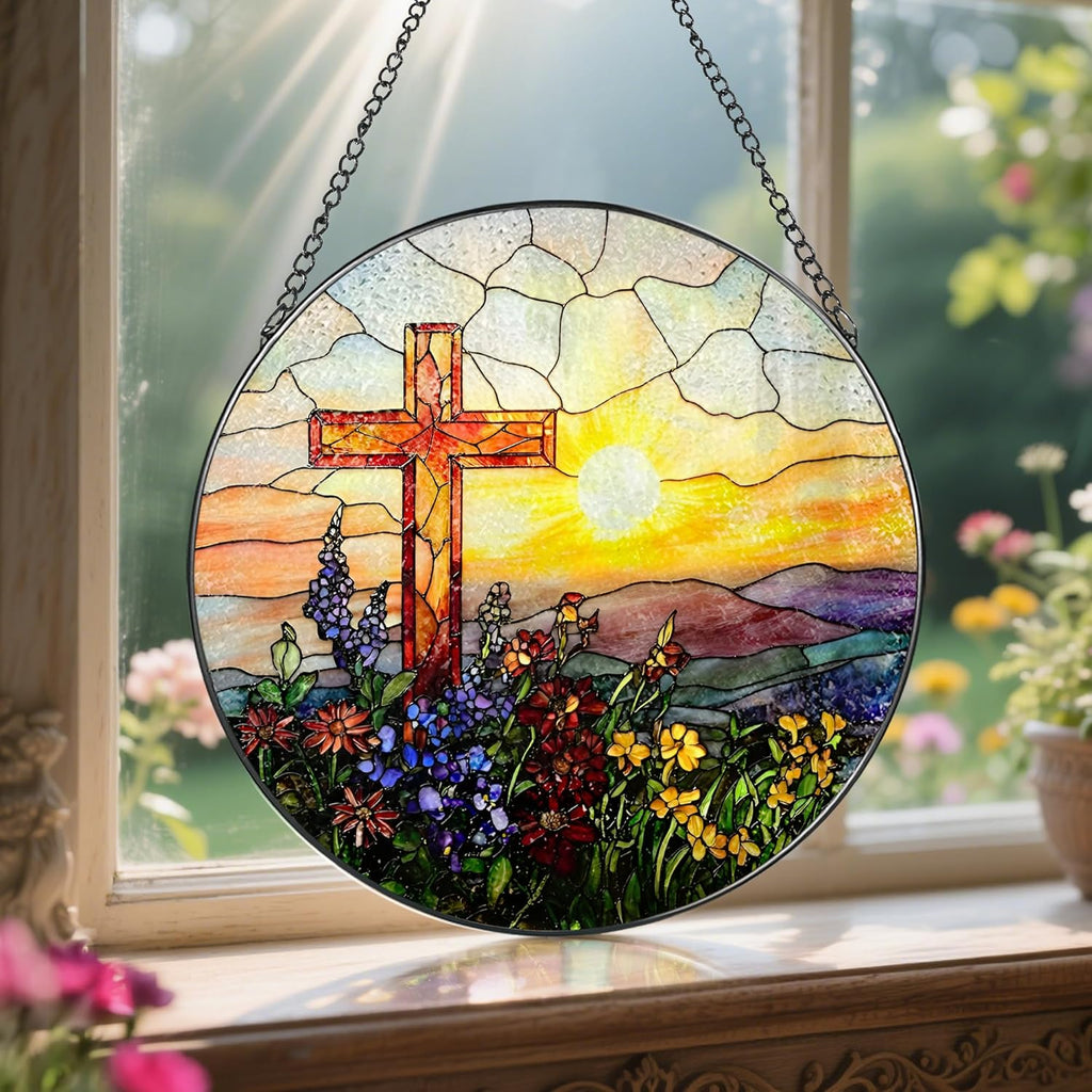 8 Inch Cross Sunset Suncatchers for Windows Hanging, Indoor Decor 8 Inch, Stained Glass Gift, Christian Gifts, Religious Gifts, Christian Cross, Christmas Jesus Gift, Window Decor