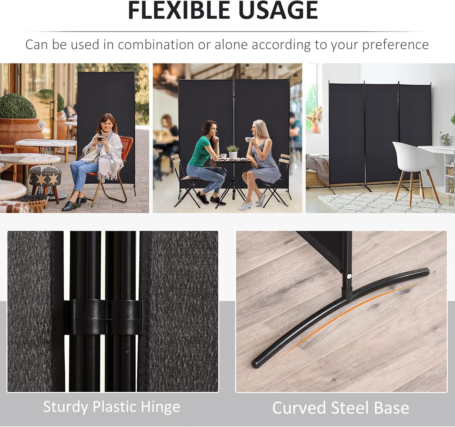 HOMCOM 6 Ft Tall 3 Panel Fabric Room Divider, Freestanding Partition Wall Divider, Folding Privacy Room Separator for Indoor, Home Office, Black
