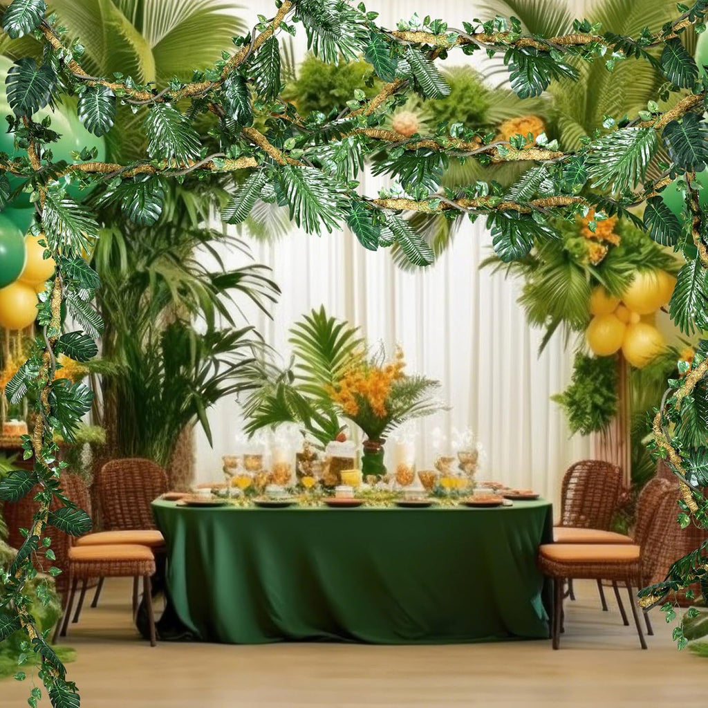 39pcs Jungle Theme Party Decorations 1 10ft Natural Moss Rope 1 10ft Artificial Rattans 36 Tropical Palm Leaves Ivy Fake Vines for Indoor Outdoor Tropical Rainforest Safari Rattan Party Decor