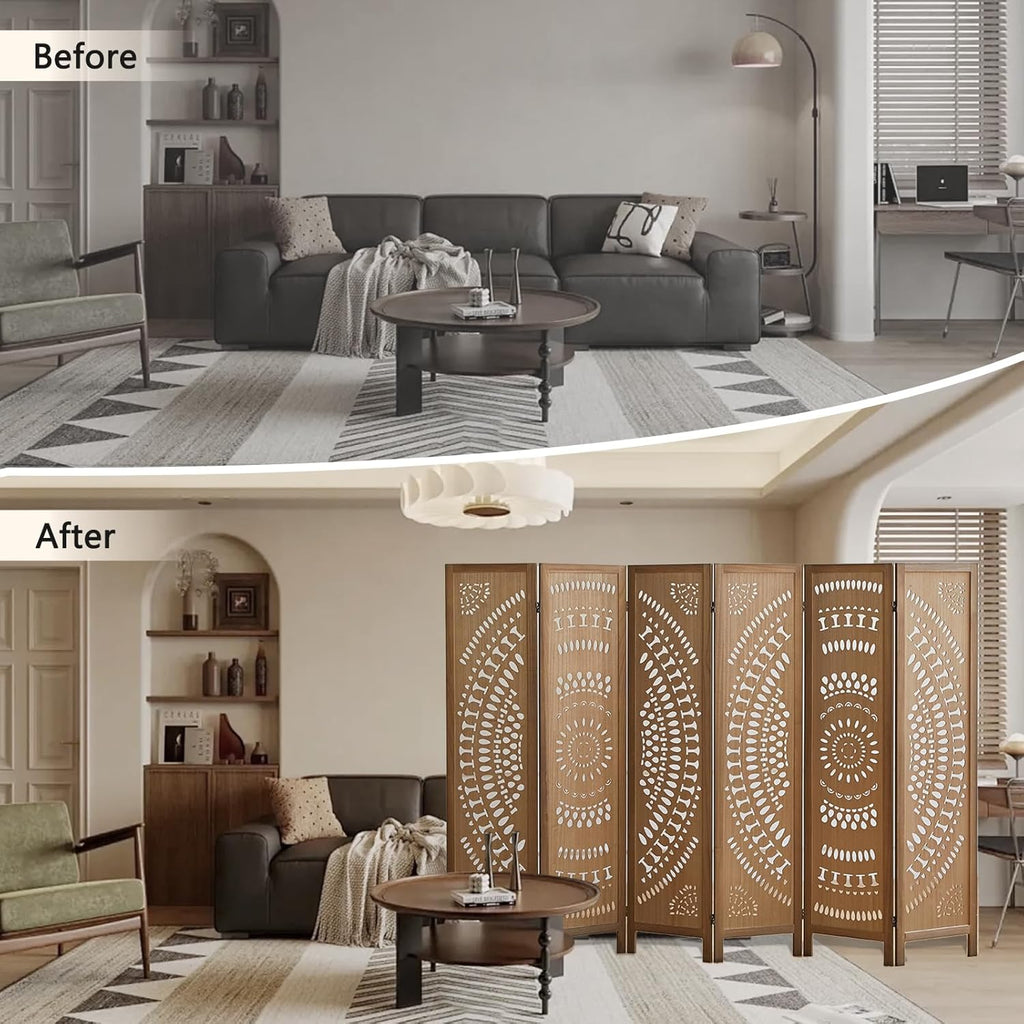 6 Panel Wood Room Divider Fully Assembled, Decorative Room Dividers and Folding Screens, 5.6Ft Room Divider Screen Freestanding Partition Wall Dividers for Home Bedroom Office, Brown
