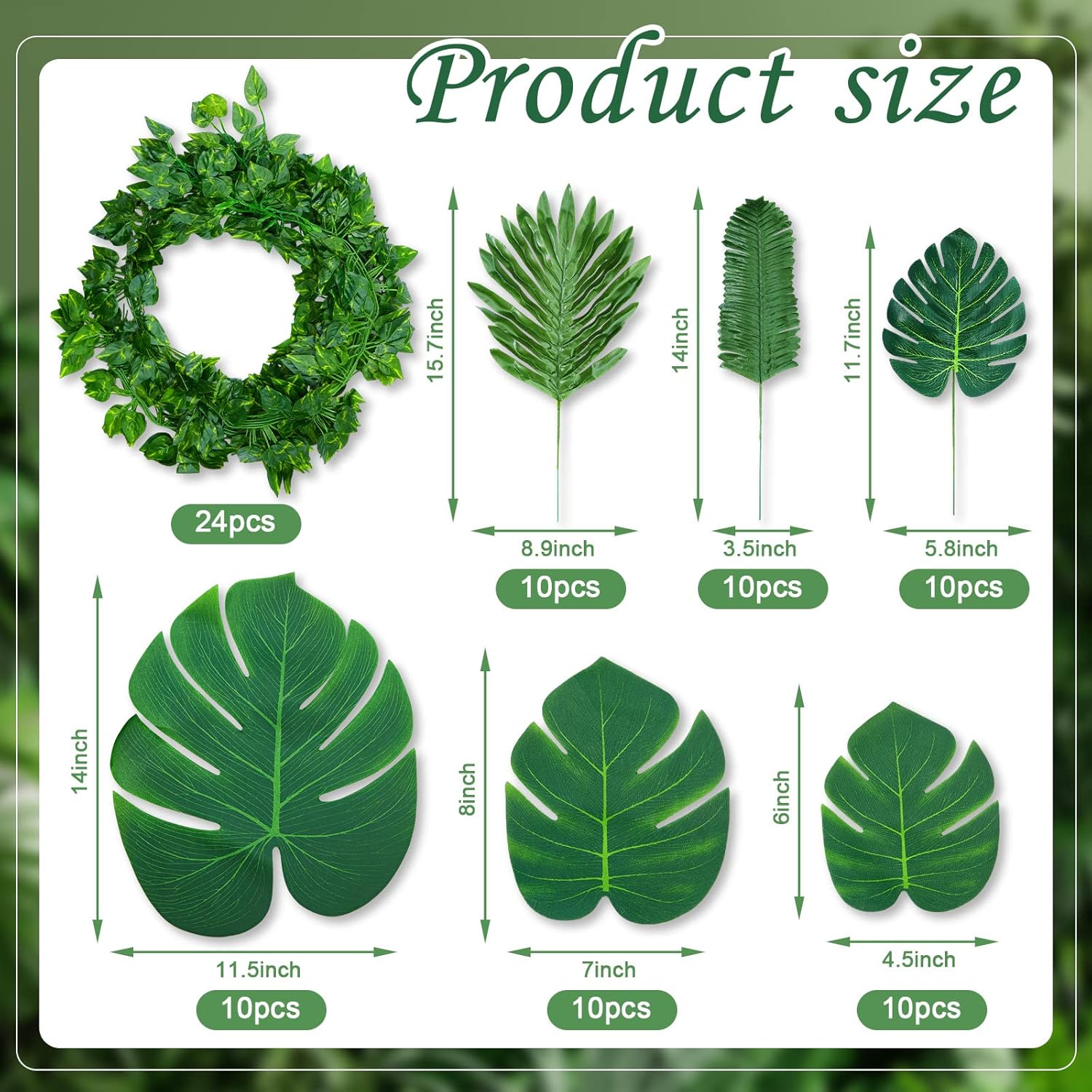 XunYee 84 Pcs Artificial Jungle Vines Tropical Leaf Garland and Monstera Palm Leaves Jungle Decoration Set, Fake Ivy Vines Green Greenery Faux Leaves for Baby Shower Safari Tropical Party Decoration