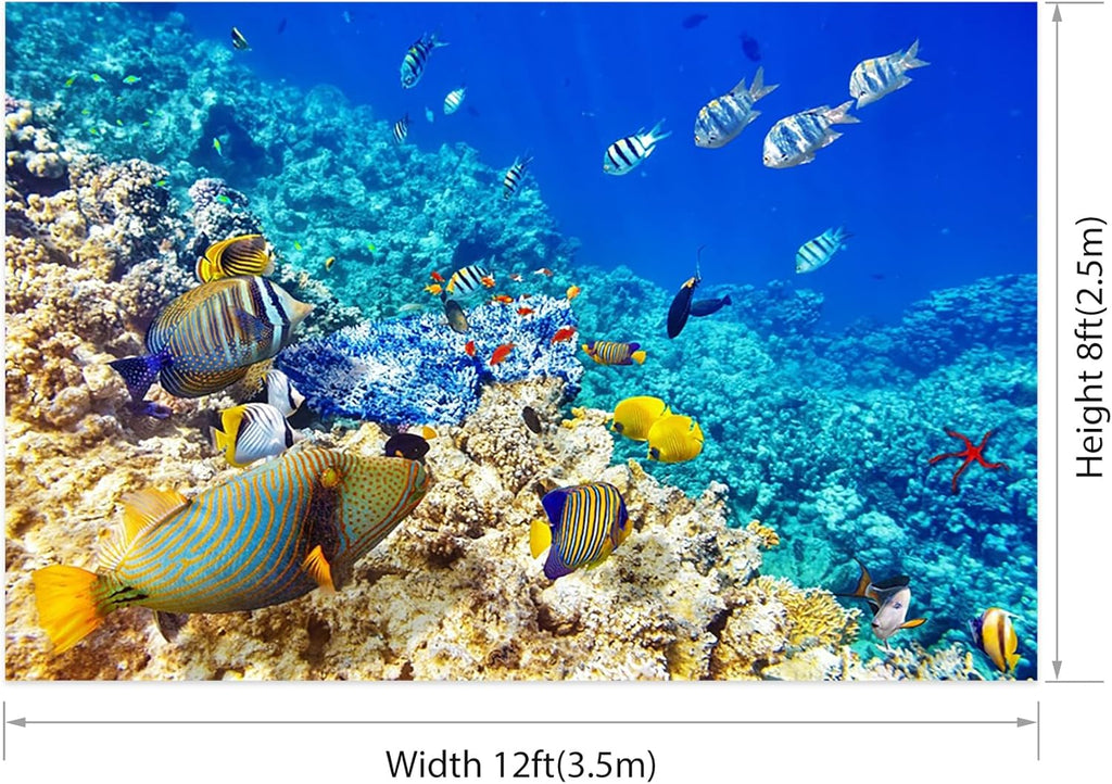 AOFOTO 12x8ft Coral and Tropical Fish in The Sea Backdrop Underwater Seascape Photography Background Marin Aquarium Ocean Diving Atoll Reef Summer Holiday Travel Photo Studio Props Vinyl Wallpaper