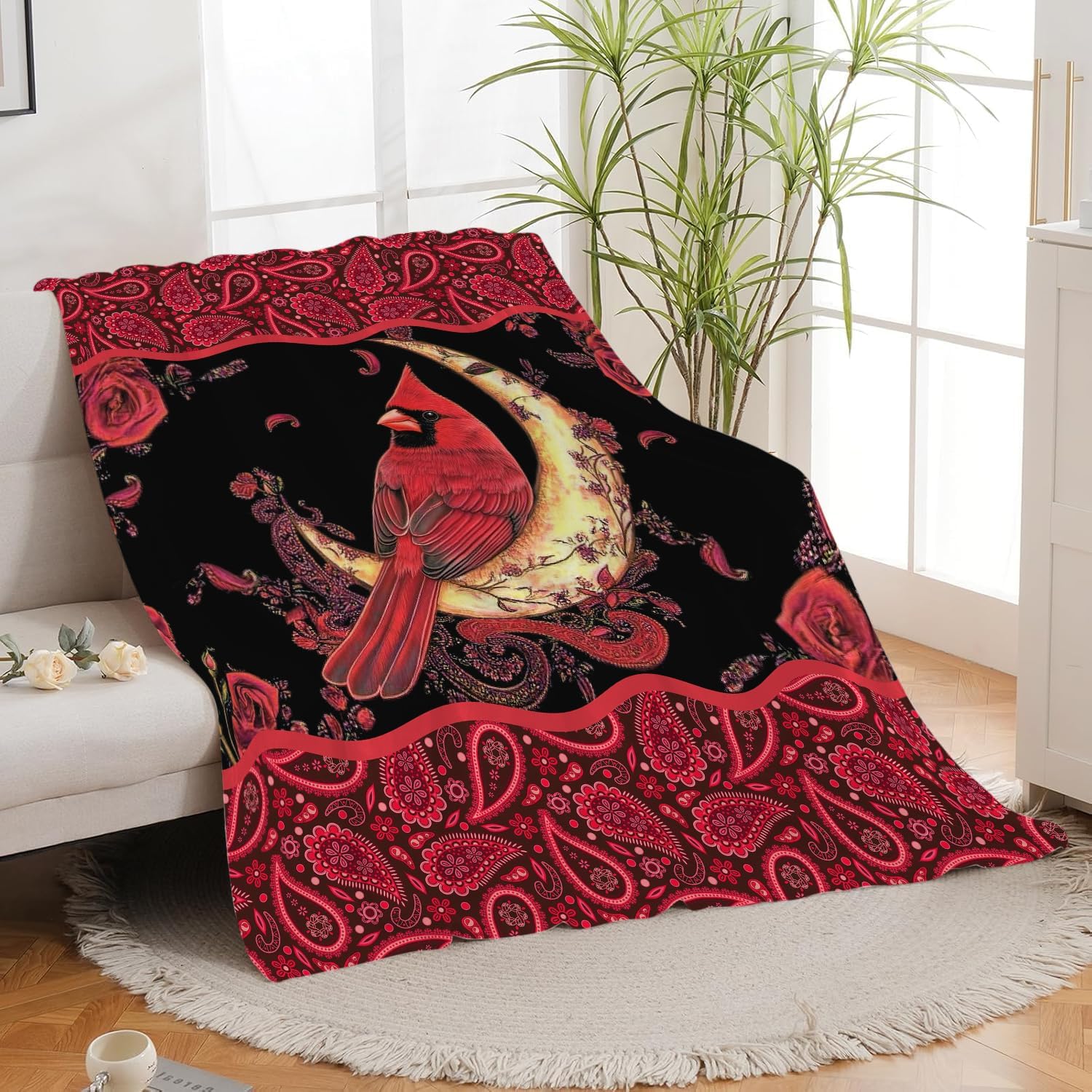 Cardinal Blanket Cardinals Moon Throw Red Bird Christmas Blanket Flannel Stuff Merch Cozy Decor Fleece Plush Fuzzy Warm Soft Lightweight Bedding Gifts for Lover Girls Women Men Boy Couch Sofa 80"X60"