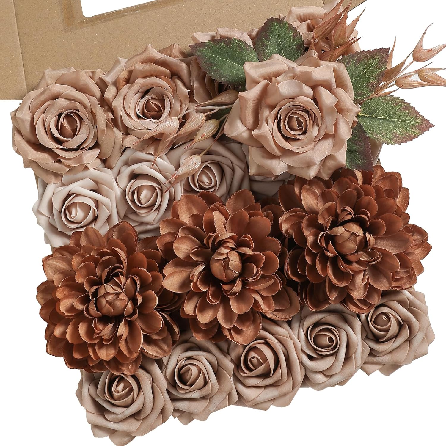 Artificial Flowers Combo Box Set Dusty Coffee Color Flower Leaf with Stems for DIY Wedding Bouquets Centerpieces Baby Shower Party Home Decorations