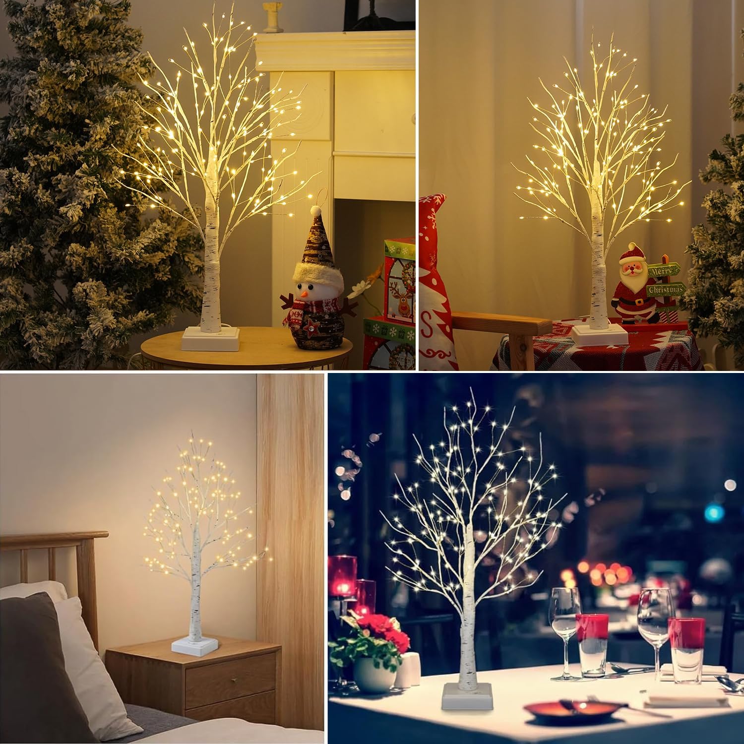 Lighted Trees for Indoor Decor, 24”2FT White Birch Tree with 144 LED Lights, Lighted up Tree Lamp USB/Battery Powered Timer, Artificial Trees for Table Home Christmas Decor (1)