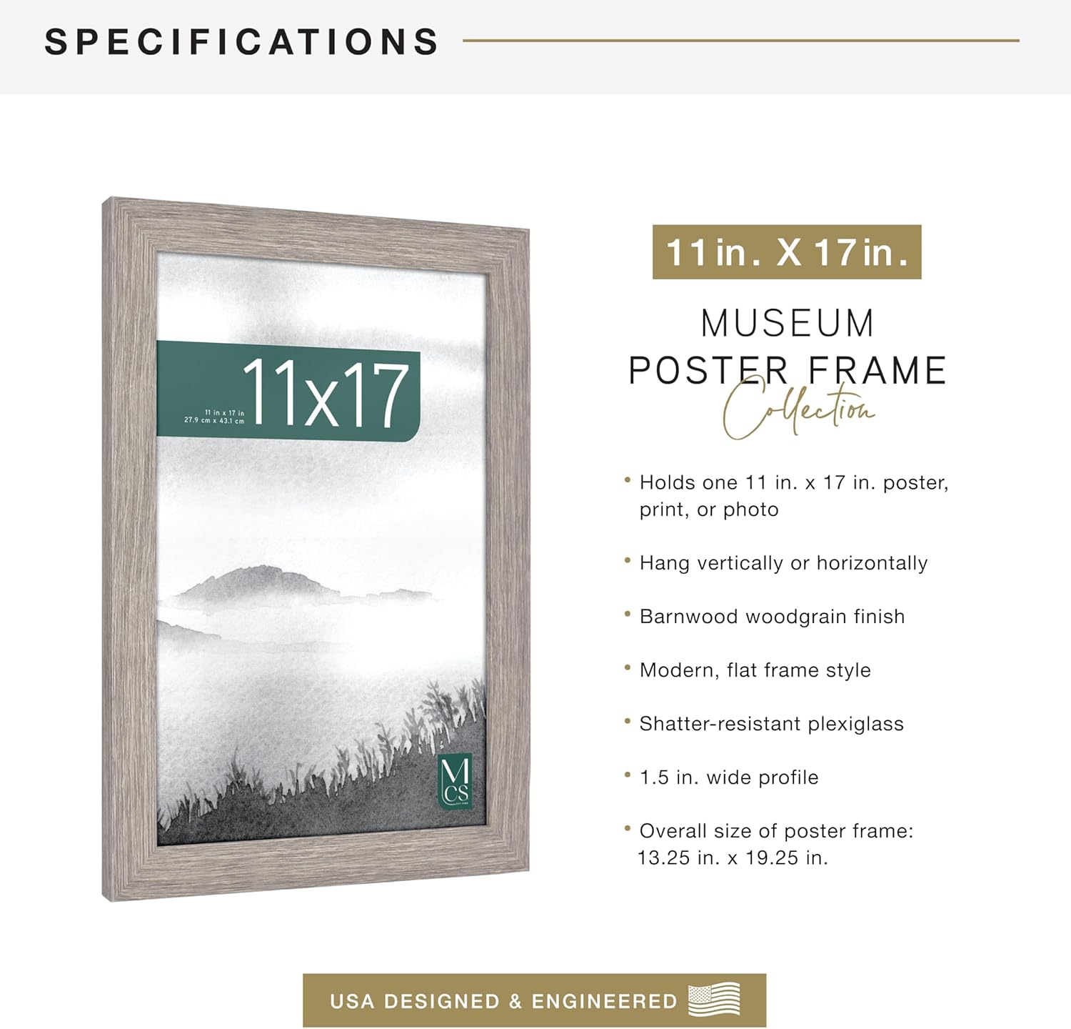 MCS Museum Poster Frame 11x17 Barnwood, Vertical & Horizontal Wall Hanging Large Picture Frame for Photos, Posters & Art Prints (1-Pack)