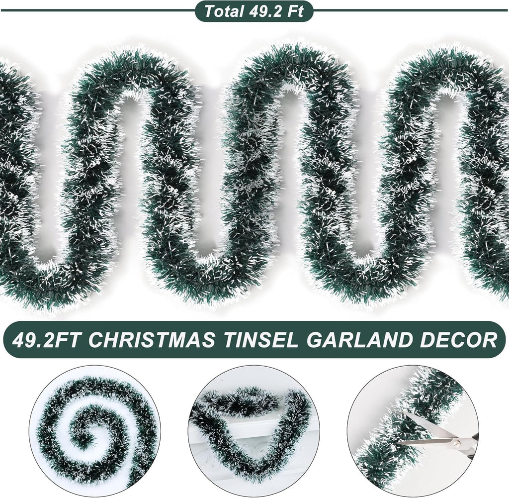 50 Feet Green White Christmas Tinsel Garland Christmas Decorations, Thick Metallic Twist Shiny Hanging Tinsel Garlands for Xmas Tree Decor Stairs Mantle Fireplace Home Indoor Holiday Party Supplies