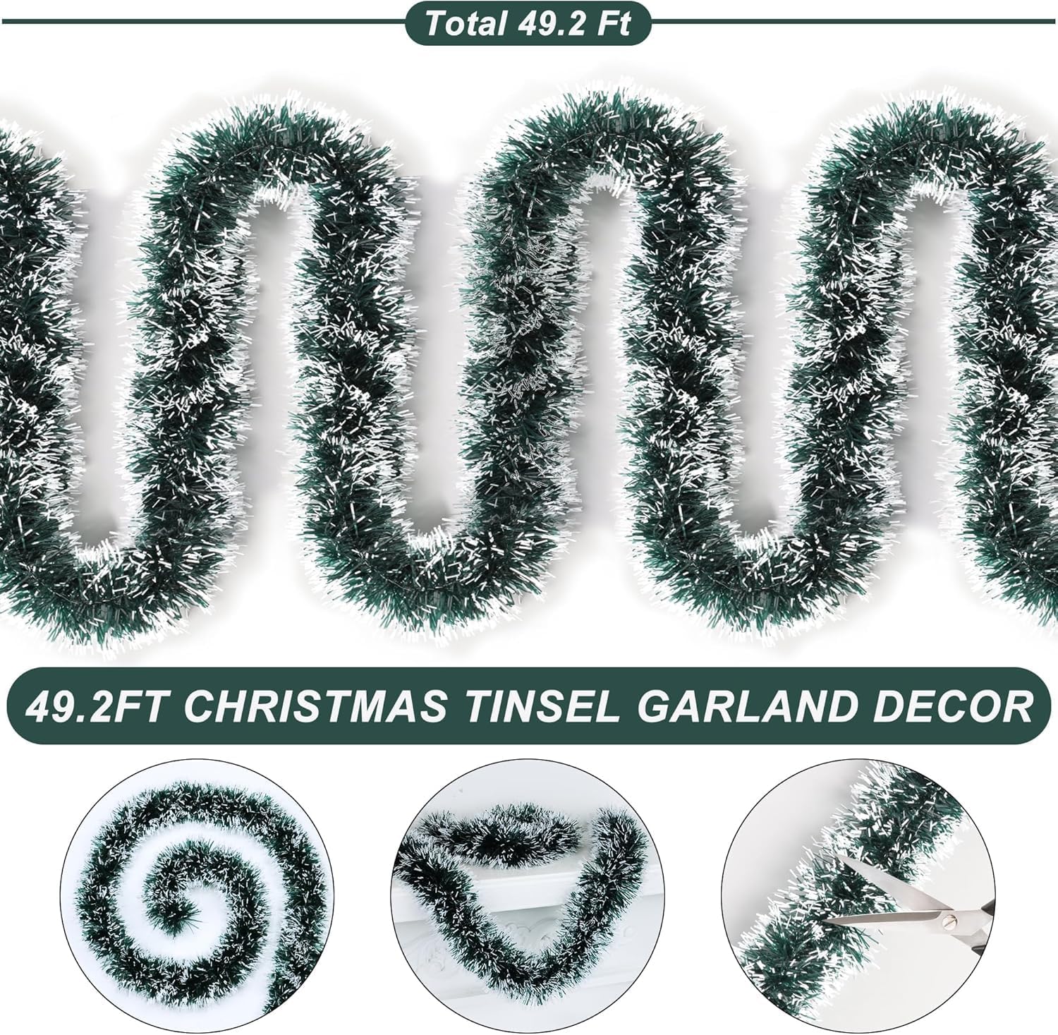 50 Feet Green White Christmas Tinsel Garland Christmas Decorations, Thick Metallic Twist Shiny Hanging Tinsel Garlands for Xmas Tree Decor Stairs Mantle Fireplace Home Indoor Holiday Party Supplies