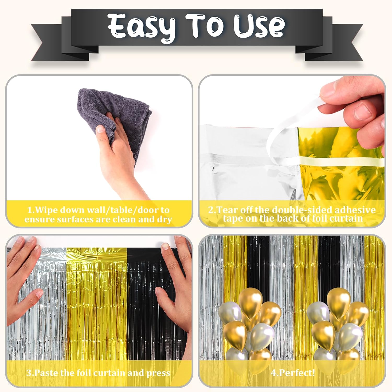 2 Pack Black Gold Silver Foil Fringe Backdrop Curtains, Tinsel Streamers Party Decorations, Fringe Backdrop, Door Shimmer for New Years or Birthday Party