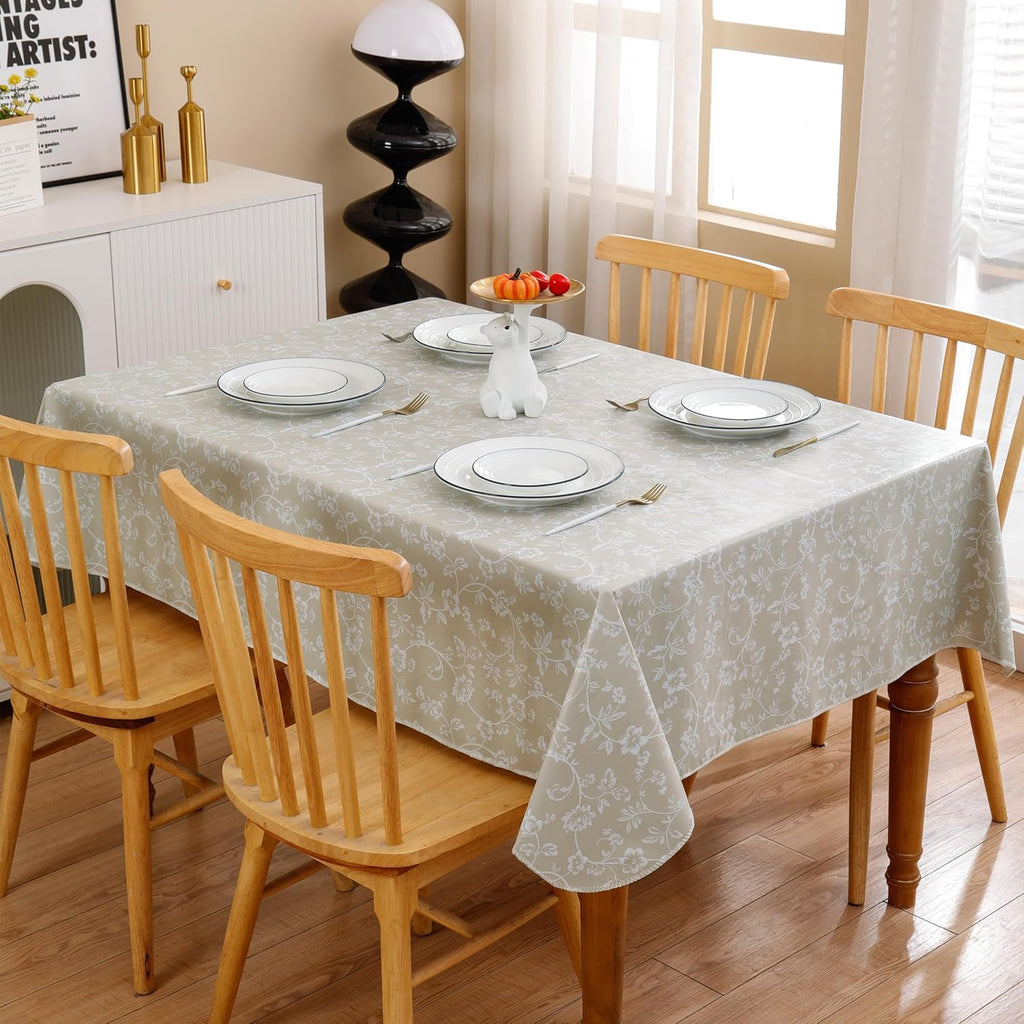 Heavy Duty Vinyl Tablecloth with Flannel Backing Waterproof Oil-Proof Plastic Table Cloth Stain-Resistant Wipeable Rectangle or Square Table Cover for Indoor and Outdoor (Beige Floral，60x102 Inch)