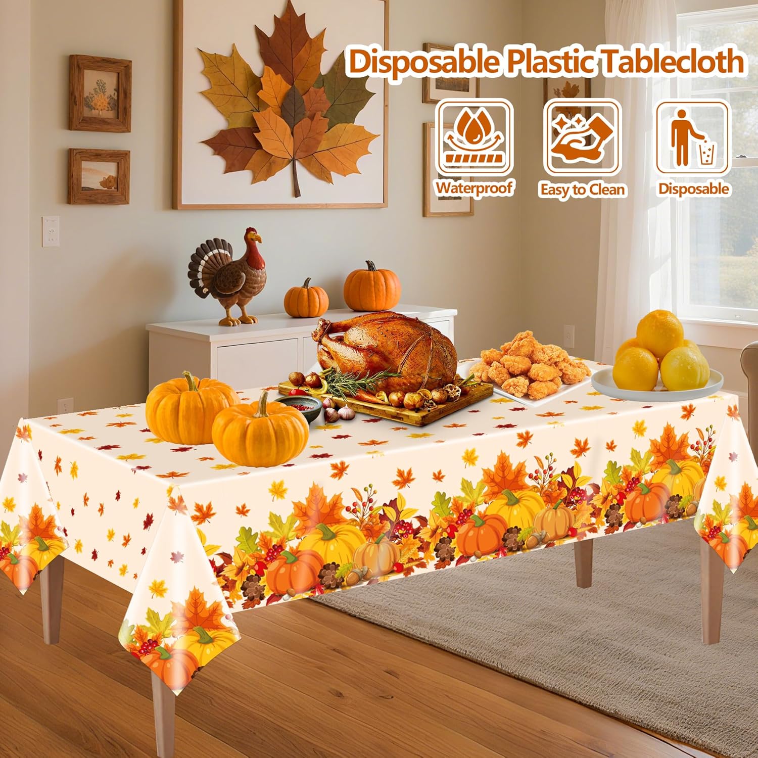 Fall Disposable Tablecloth Autumn Theme Plastic Table Cover Pumpkin Maple Leaves Tablecloths for Thanksgiving Harvest Party Decoration Supplies Favors 3 Pieces 54 x 108 Inch