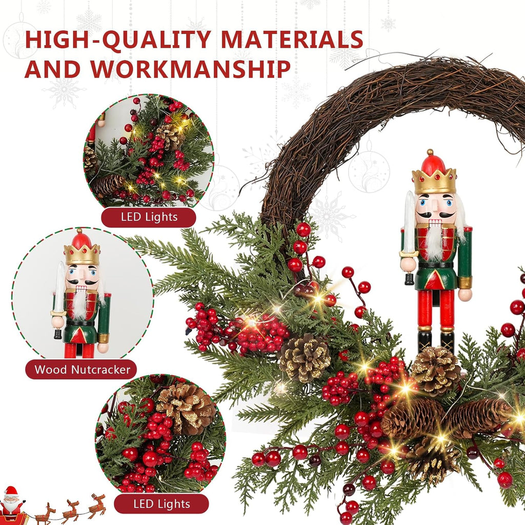 Christmas Wreath Artificial Christmas Nutcracker Wreath with a Nutcracker, Red Berries and Pine Cones, Suitable for Decorating Doors, Windows. (Red Wooden Nutcracker Decor with Light)