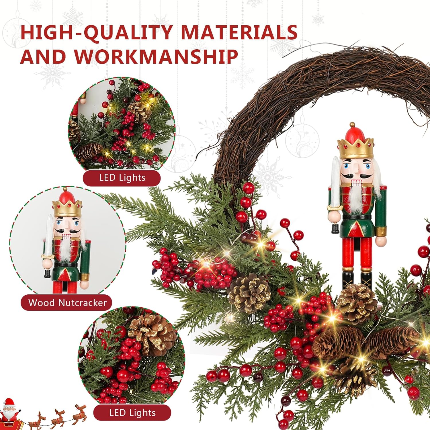 Christmas Wreath Artificial Christmas Nutcracker Wreath with a Nutcracker, Red Berries and Pine Cones, Suitable for Decorating Doors, Windows. (Red Wooden Nutcracker Decor with Light)