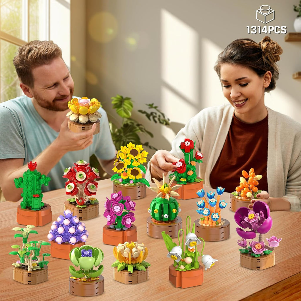15 Pack Flowers Plants Mini Building Sets - 1314PCS 3.6MM Flower Succulents Botanical Collection for Home Office Décor Block Toy, Party Favors for Christmas Birthday Gift Adults Kids Girl 10+