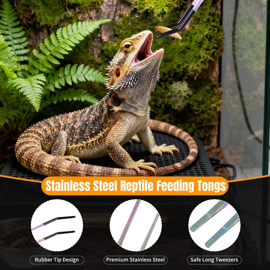 3 Pack Stainless Steel Reptile Feeding Tongs with Rubber Tip and Spoon, 10.6" Straight & Curved Tweezers for Aquariums & Crafts, Feeder Tools for Bearded Dragons & Lizards, Terrarium Tank Supplies
