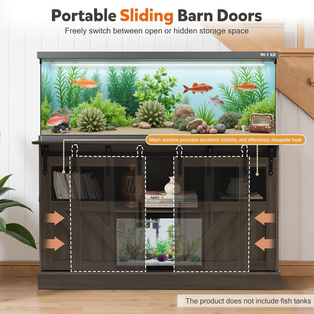 Fish Tank Stand with Power Outlet, Aquarium Stand w/Sliding Barn Doors, 55-75 Gallon Fish Tank Stand w/Cabinet for Accessories Storage for 2 Fish Turtle Tank Reptile Terrarium, 1000 LBS (Gray)