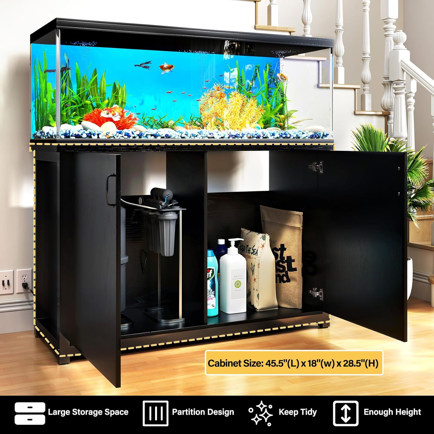 TC-HOMENY 55-75 Gallon Fish Tank Stand, Aquarium Stand with Charging Station and Large Storage Cabinet, 1200LBS Capacity, 5-75 Gallon Tank Stand, Fit for Living Room, 29" L x 16.5" W Tabletop