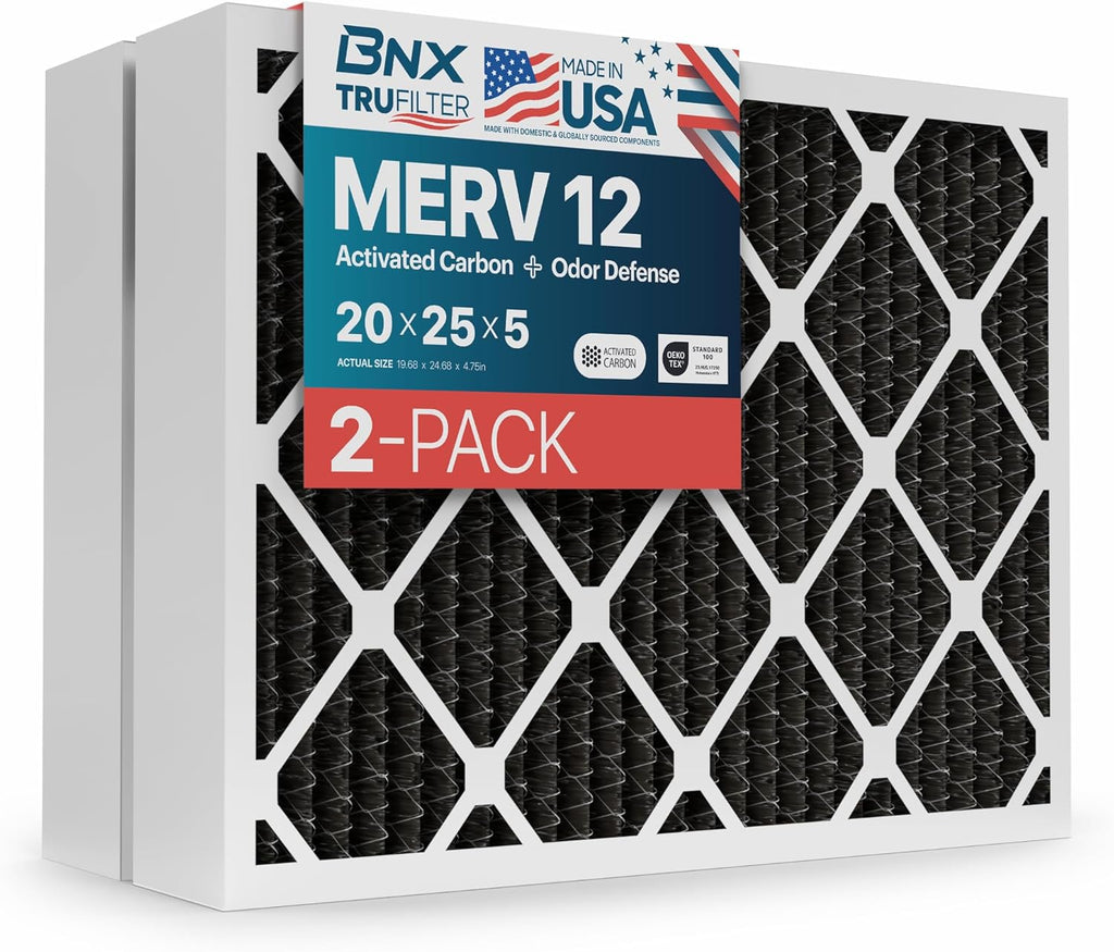 BNX TruFilter 20x25x5 (19.88’’ x 24 75’’ x 4.38‘ Honeywell Compatible 4”) MERV 12 Activated Carbon Air Filter (2-Pack) - MADE IN USA - Air Conditioner Furnace Filters for Odor, Mold, Bacteria, Smoke