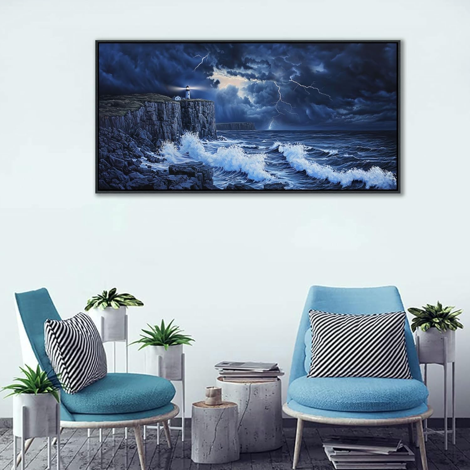 Navy Blue Wall Art - Ocean Canvas Lighthouse Painting Framed Coastal Wall Decor Artwork for Living Room,Stormy Seascape Picture for Bedroom,Office Decoration Size 20x40 inches